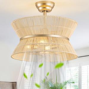 20" Rattan Boho Ceiling Fans with Lights, Caged Fandelier Ceiling Fan with Light Remote Control, Enclosed with 6 Speeds for Bedroom, Nursery, Living Room (Beige)