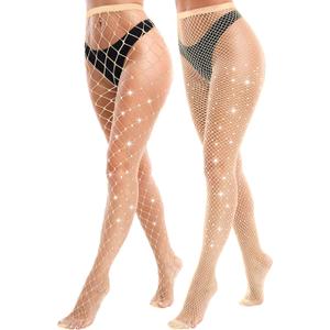 VEBZIN 2 Pack Sparkly Large And Medium Mesh Fishnet Tights For Women Glitter Rhinestone Fishnets Stockings (Nude)