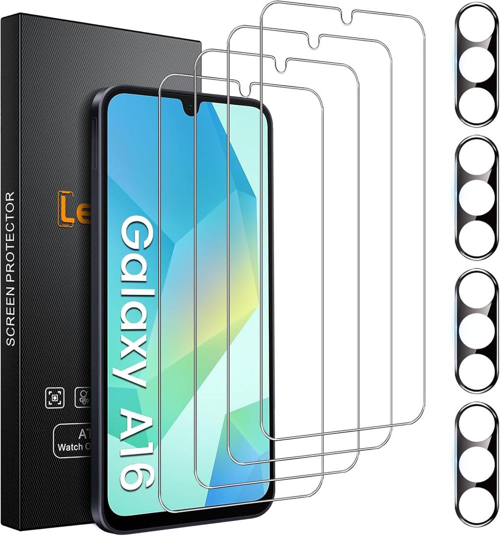 4 Pack for Samsung Galaxy A16 5G Screen Protector with 4 Pack Camera Lens Protector, 9H Hardness Tempered Glass Screen Protector Anti-Fingerprint Case Friendly