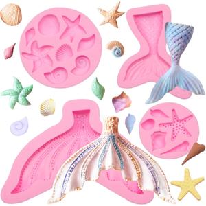 Marine Theme Fondant Molds 4 Pcs, Mermaid Tail Seashell Conch Starfish Baking Chocolate Silicone Molds for Cake Decoration Candy Sugar Cupcake Topper Cake Pop Popsicle Polymer Clay Crafts Fishtail