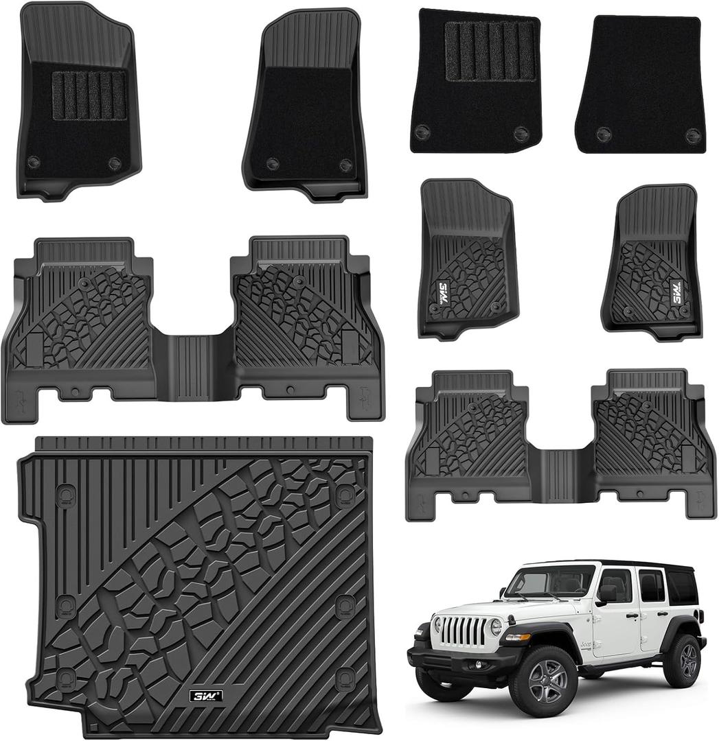 3W Floor Mats & Cargo Liner with Carpets on TOP Fit for Jeep Wrangler JL 2018-2024 2025 Unlimited 4-Door Sahara Willys Rubicon with Subwoofer(Non JK or 4XE) Car Mats Custom Fit for Wrangler JL, 8PCS