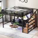 Bellemave Queen Loft Bed with Stairs and Wardrobe, Queen Size Loft Bed with Charging Station, Lights and Bedside Shelf, Heavy Duty Loft Bed Frame for Adults, Teens, Kids, Noise Free, Natural Wood