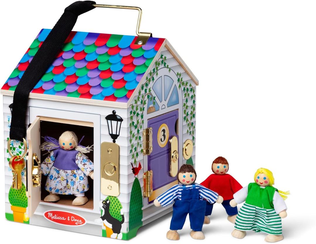 Melissa & Doug Take-Along Wooden Doorbell Dollhouse - Doorbell Sounds, Keys, 4 Poseable Wooden Dolls Portable Doll House, Doorbell House for Kids Ages 3+