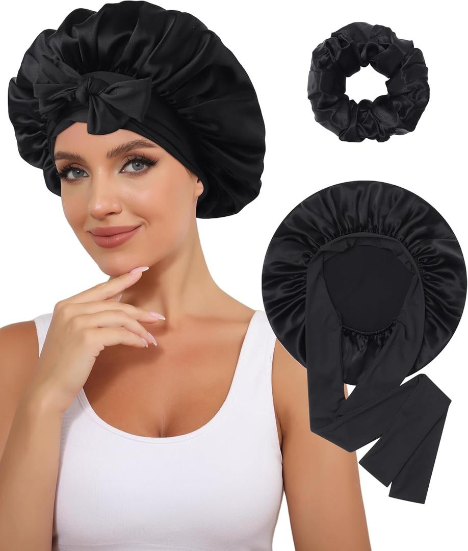 100% Mulberry Silk Bonnet for Women Hair Bonnet for Sleeping with Hair Scrunchy Elastic Tie Band Night Cap (Black)