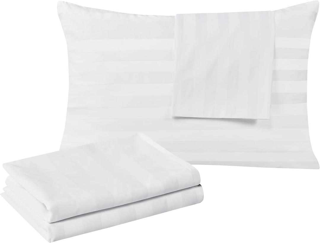 100% Egyptian Cotton Queen Pillow Protectors Set of 4, 400 Thread Count Sateen Weave White Cooling Pillowcase, Easy Care Zippered Style Pillow Covers (4 Pack, Stripe-White, Queen)