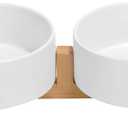 Elevated Ceramic Pet Bowls Double 13.5oz Raised Cat Dog Bowls with Bamboo Stand | Non-Toxic Ceramic Food Water Dishes | Modern Spill-Resistant Feeder for Small Dogs & Cats - White