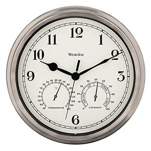 Westclox Indoor/Outdoor Wall Clock with Temperature & Humidity Gauges, Weather-Resistant, Quartz Accuracy, Battery-Powered (Silver, 12-Inch)