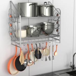 VyGrow 35 Inch Pot Rack Wall Mounted, 2 Tier Pots and Pans Organizer with 20 Hooks and 6 Pot Lid Holders, Heavy Duty Steel Pot and Pan Hanger for Kitchen Cookware Utensils Storage, Silver