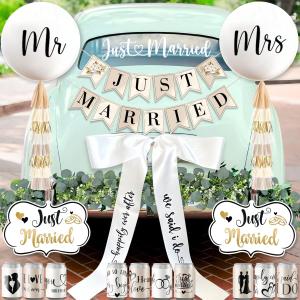 33 Pc Just Married Car Decorations  Wedding Reception & Ceremony Decor  Banners, Stickers & Balloons  Elegant Reusable Wedding Car Kit  Weather-Resistant & Easy to Apply  No Residue