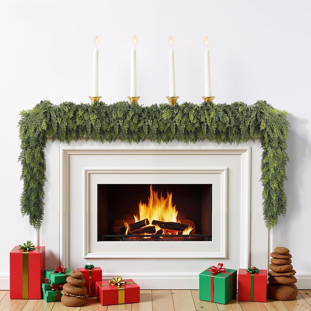 9 ft Christmas Garland, Cedar Garland, Real Touch Cypress Garlands, Green Artificial Greenery Garland for Mantel Indoor Outdoor Christmas Decorations