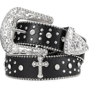 JASGOOD Rhinestone Studded Belt for Men Women, Western Leather Belt for Cowgirl Cowboy Vintage Bling Belt for Pants Dress (Suit for Waist Size 27"-33")