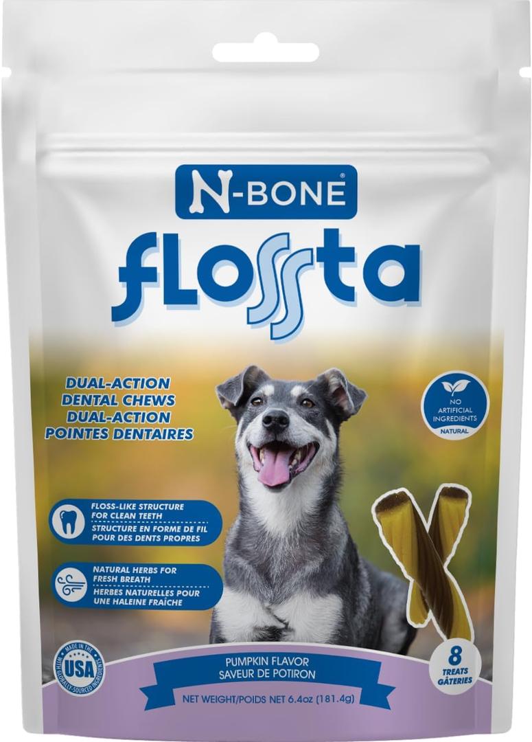N-Bone Flossta Dual Action Dental Chews for Dogs, Unique Twist Shape for Deep Teeth Cleaning and Proactive Dental Care, Pumpkin Flavor, 8 Count, 6.4-oz Bag, BBD: May 27, 2026