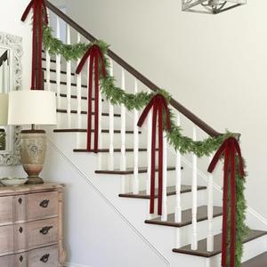 Suncalla 15.1ft Christmas Cedar Garland with Bow for Stairs Railing Xmas Artificial Realistic Garland with 4 Pcs Large Wine Red Velvet Bow for Christmas Staircase Room Mantle Decorations 