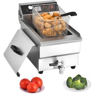 Commercial Deep Fryer with Basket, 1700w 16Qt 0.8mm Upgraded Stainless Steel Countertop Electric Fryer for Home and Commercial Use, Oil Fryer with Oil Valve and Drainage System