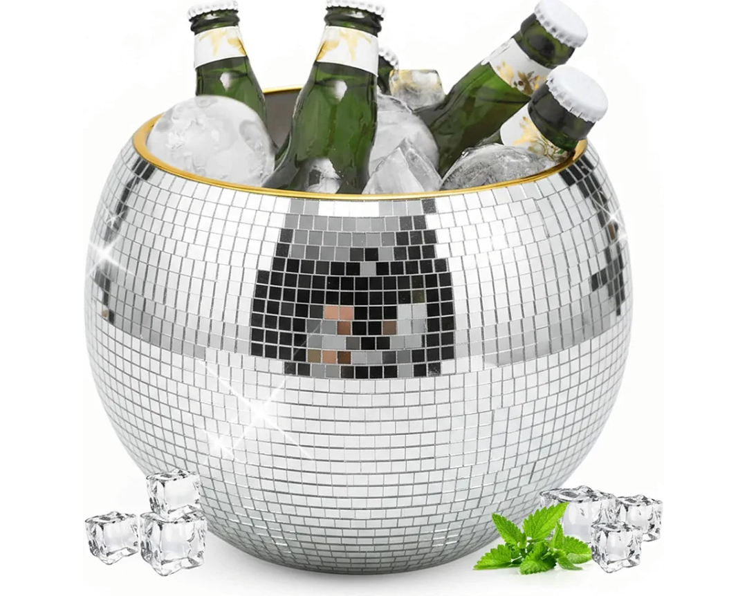 9.8 Inch Disco Ball Ice, Mirror Silver Cooler for Beer & Champagne, Perfect Retro Party Accessory
