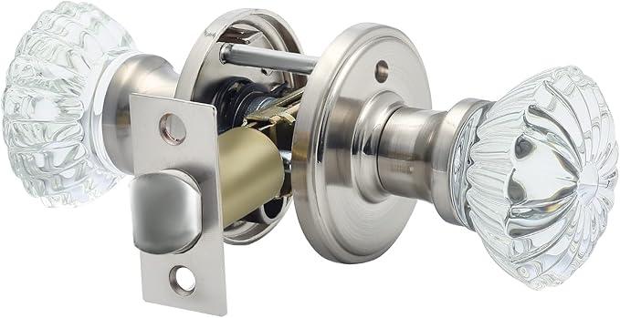 Cielsa Dawn Glass Door Knobs Interior with Lock, Satin Nickel Door Handles, Crystal Door Knobs with Lock(Satin Nickel, Privacy)