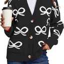 Astylish Womens Open Front Knit Cardigan Sweaters Button Down Bow Printed Outwear Coat with Pockets (X-Large, Black)