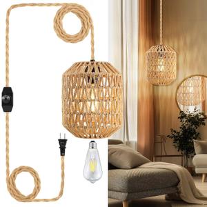 Plug In Pendant Light, 15FT Hemp Rope Cord, Hanging Lights With Plug In Cord Dimmable Rattan Hanging Lamp Wicker Woven Basket Lampshade, Industrial Plug In Ceiling Light Fixture For Kitchen (Brown)