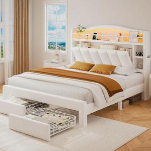 Full Size Bed Frame with LED Storage Headboard & 2 Storage Drawers, Velvet Upholstered Bed with Vertical Tufted Headboard Design, USB & Type-C Charging Ports, Wooden Slats Support, Noise-Free, Beige