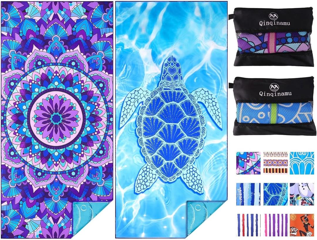 2 Pack Microfiber Oversized Lightweight Beach Towel 71"x32" XL Extra Large Thin Sand Free Towels Travel Swim Pool Yoga Gym Camping for Adults Women Men Beach Essentials Accessories Vacation Gift (Turtle Mandala)
