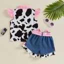 Toddler Girl Denim Western Outfit Baby Cowgirl Clothes Ruffle Cow Print Shirt Button Down Tops Belted Jeans Shorts (White, S)