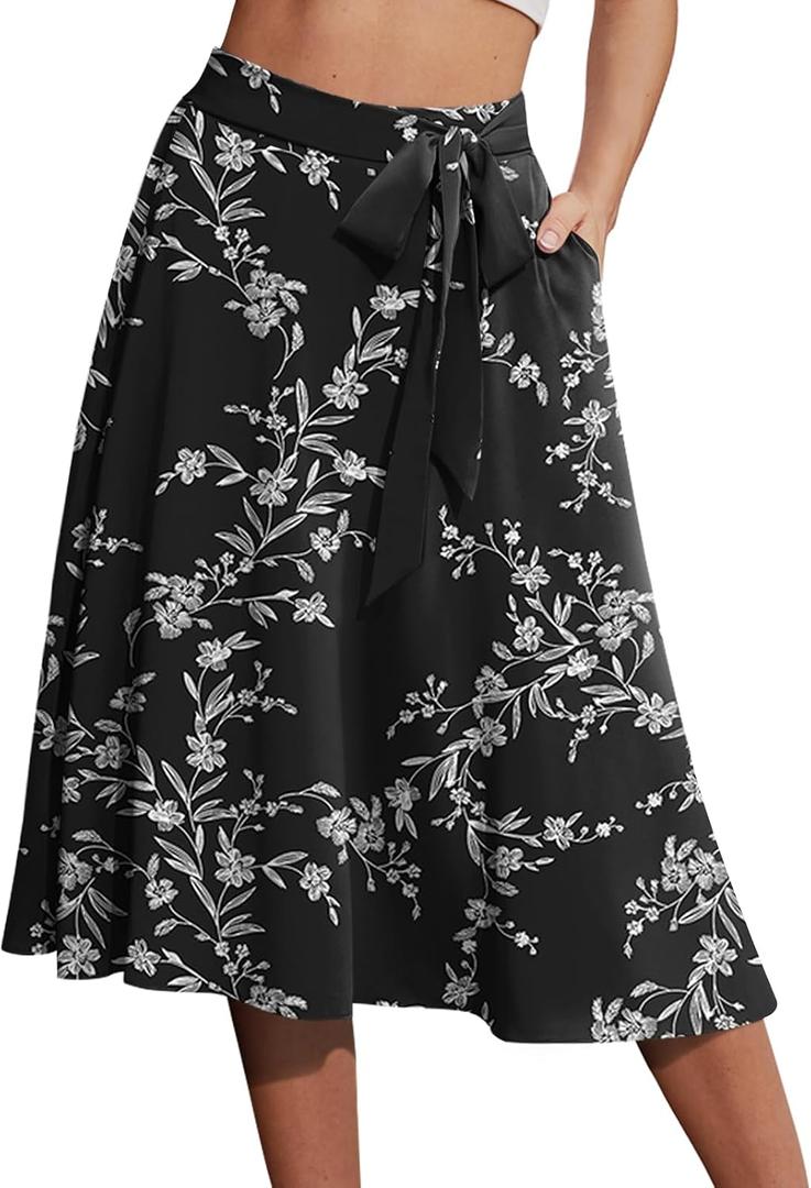 Yincro Women's A-Line Midi Skirt with Pockets High Waist Flared Below The Knee Skirts (Black, XL)