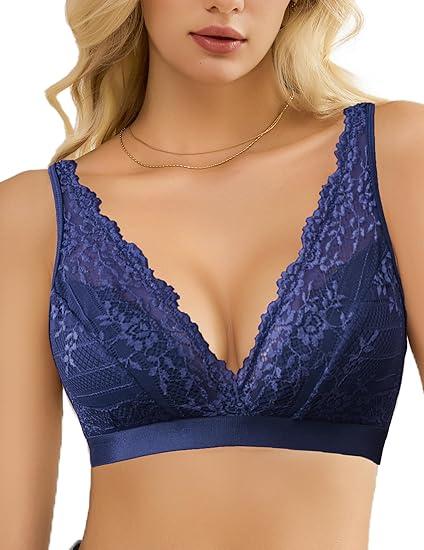 Avidlove Lace Bralette for Women Sexy Deep V Neck Wireless Bralette Plunge Unpadded Bras Everyday Bra Navy 2XL