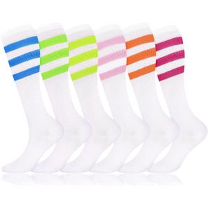 Syhood 6 Pairs Neon Knee High Socks Stretchy Roller Skate Socks for Women, Men, Soccer Softball Team Sports, One Size, White, Mixed Colors Stripes