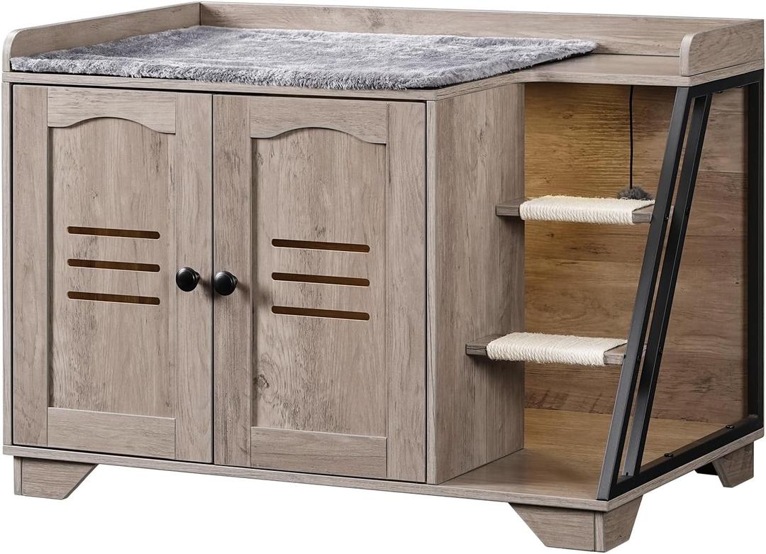 HOOBRO Cat Litter Box Enclosure with Ladder, Hidden Litter Box Furniture with Rechargeable 3-Color LED, Plush, Teaser Balls, 31.5" L x 18.9" W x 22.4" H, All-in-One, Black and Greige BG48MW01G1