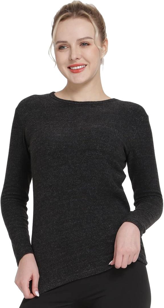 MANCYFIT Thermal Tops for Women Fleece Lined Shirt Long Sleeve Base Layer V Neck (Small, Blushed Lining Crew Neck-black)