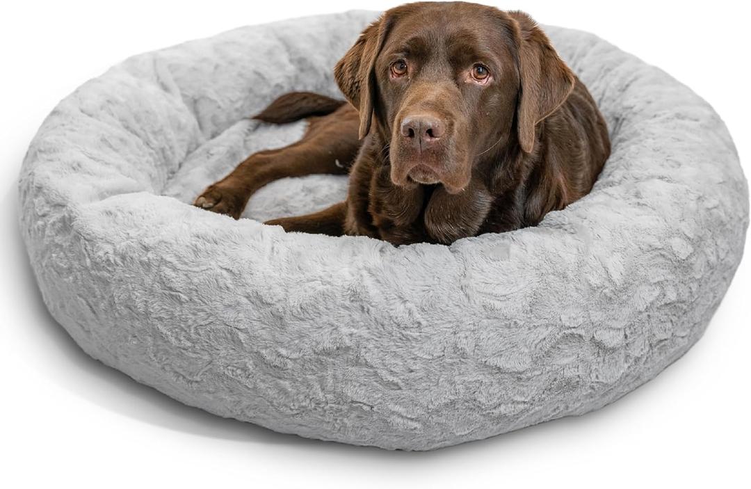 Best Friends by Sheri The Original Calming Donut Dog Bed for Large Dogs up to 100 lbs, Lux Faux Fur, Gray, 36" x 36"