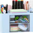 Desk Organizer with 2 Drawer, Plastic Desktop Pen Pencil Card Holder Storage Box for Desk, Office Supplies, Vanity Table Office School Home (Blue)