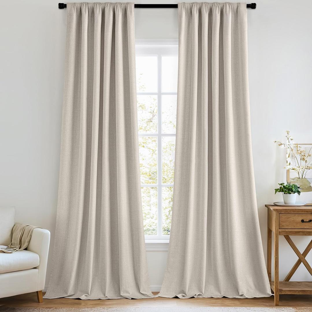 MIULEE 100% Blackout Curtains 90 Inch Long 2 Panels Set for Bedroom, Thick Luxury Faux Linen Black Out Curtain Room Darkening Back Tab Pleat Window Textured Drapes with Hooks for Living Room, Beige
