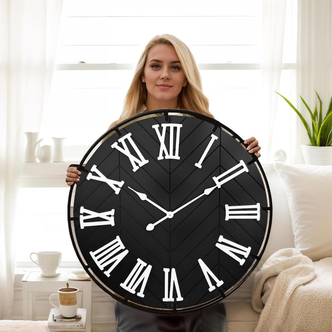 EMAX HOME 30 Inch Large Wooden Wall Clock – Extra Large FarmhouseWall Clock with 3D Roman Numerals & Herringbone Splicing, Black Modern Wood Wall Clock for Living Room
