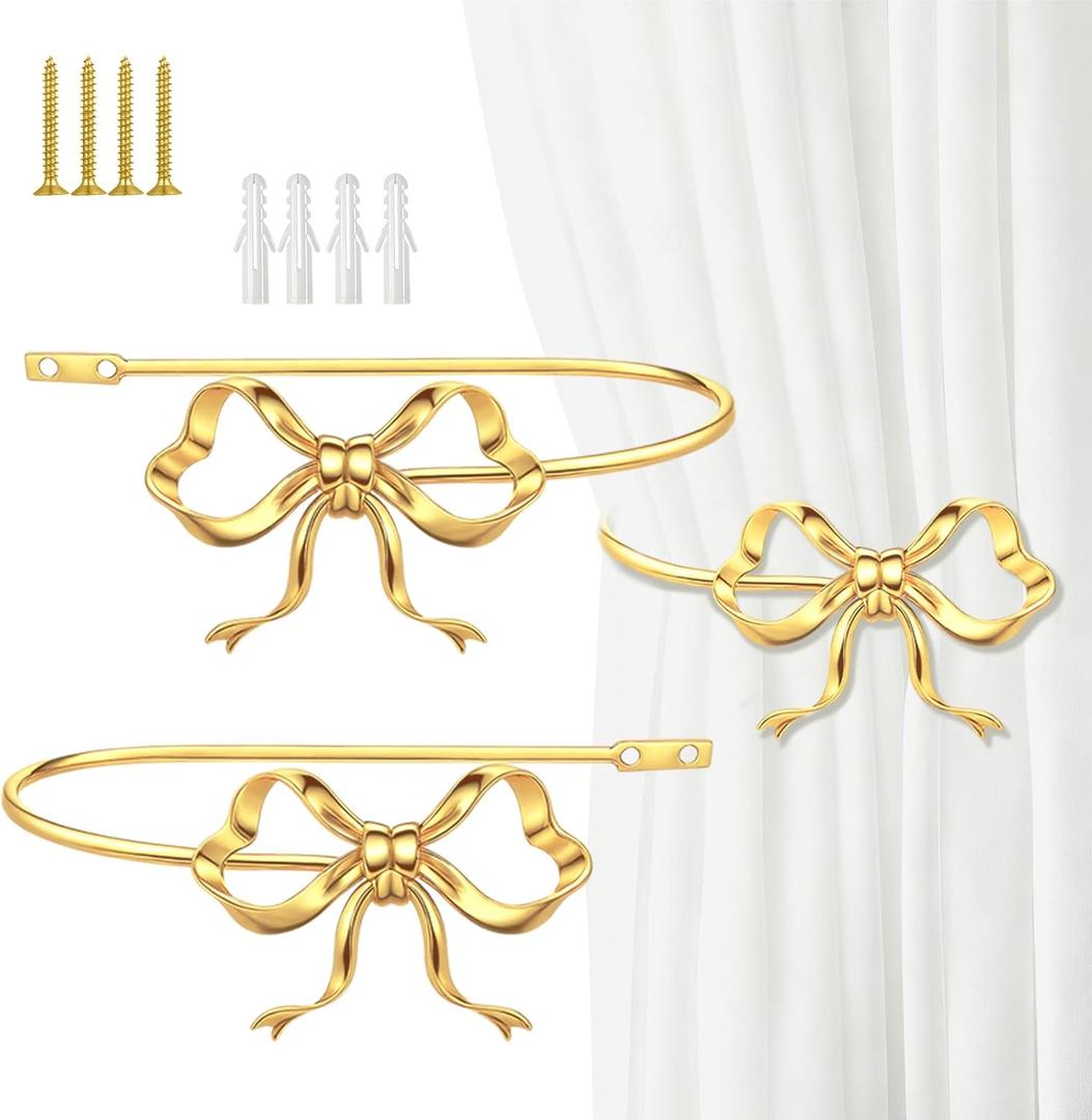 2 Pack Metal Bow Curtain Holdbacks Gold Wall Mounted Curtain Hold Backs Curtains Modern Tiebacks Decorative Window Drapery Tiebacks with Bow Finials for Living Room Bedroom Office Home