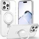 Magnetic for iPhone 15 Pro Max Case with Ring Stand, [10 FT Drop Protection] [Velvety Touch] Slim Translucent Matte Back Shockproof Phone Case for iPhone 15 Pro Max 6.7'', Frosted White
