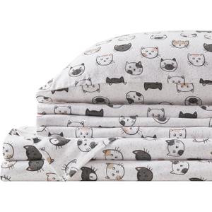 Comfort Spaces Cotton Flannel Breathable Warm, Deep Pocket Sheets with Pillow Case Bedding, Queen, Grey/Pink Cats 4 Piece
