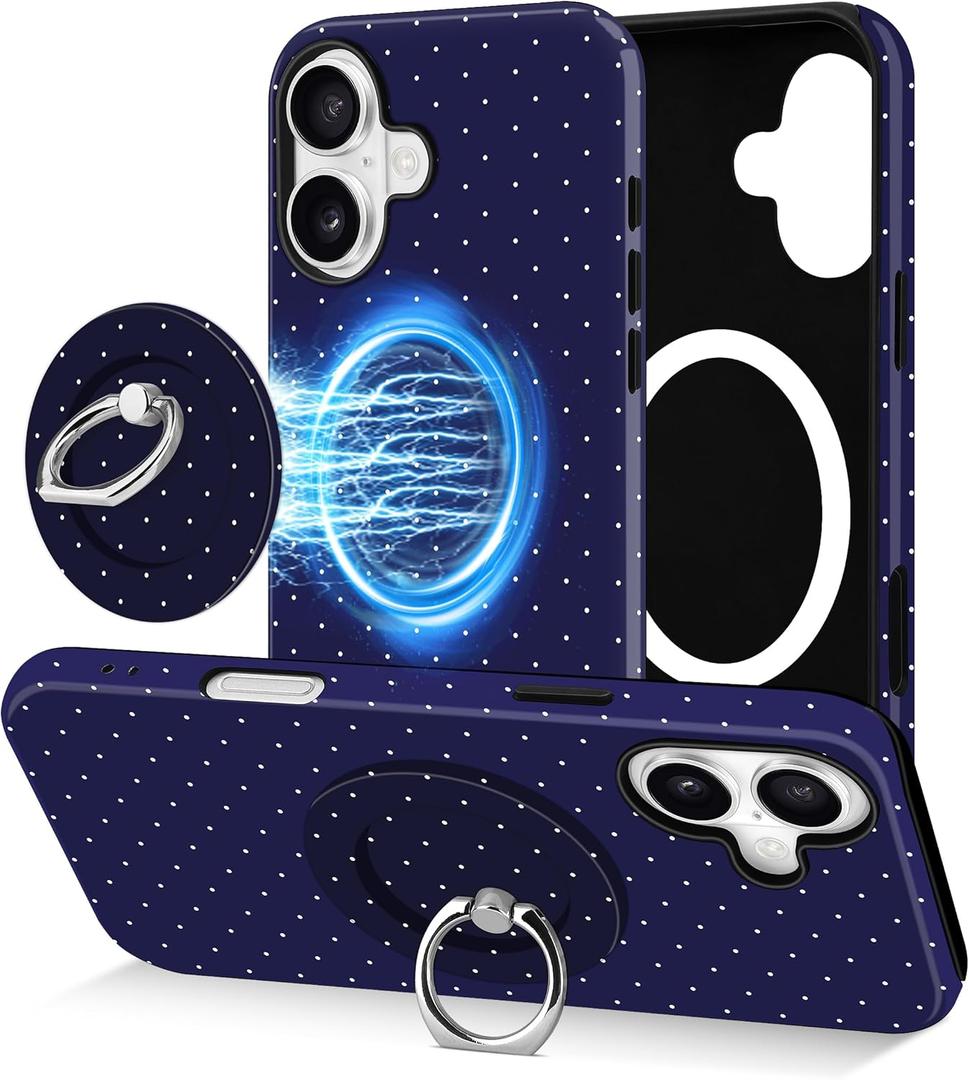 Jusy Compatible with Magsafe Polka Dot Phone Case for iPhone 16, Cute Aesthetic Magnetic Ring Holder Stand Case, Soft TPU and Hard PC Protective Phone Cover for Women Girls - Blue Polka Dot