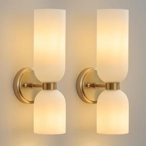 Mid Century Bathroom Wall Sconce - Set of 2 Modern Brushed Gold Brass Sconces - Frosted Milk White Glass Indoor Dimmable Lighting Fixture with Bulb - Double Vanity Lights for Bedroom Living Room Decor, 2 Pack