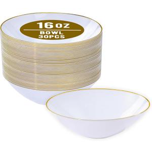 I00000 16 Oz 30 Count White Disposable Soup Bowls with Gold Rim, Plastic Bowls Disposable Premium Heavyweight Elegant Plastic Salad Bowl for Party