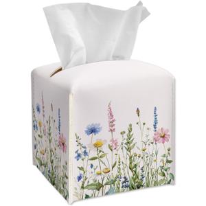 Wildflowers Tissue Box Cover Square, Colorful Flowers Tissue Box Holder with Bottom Belt, Leather Facial Paper Organizer for Bathroom Vanity Countertop, Nightstands, Dining Table, Office, Car -20