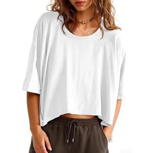Tankaneo Womens Oversized T-Shirts Cropped Summer Casual Short Sleeve Loose Fit Tee Tops, Large