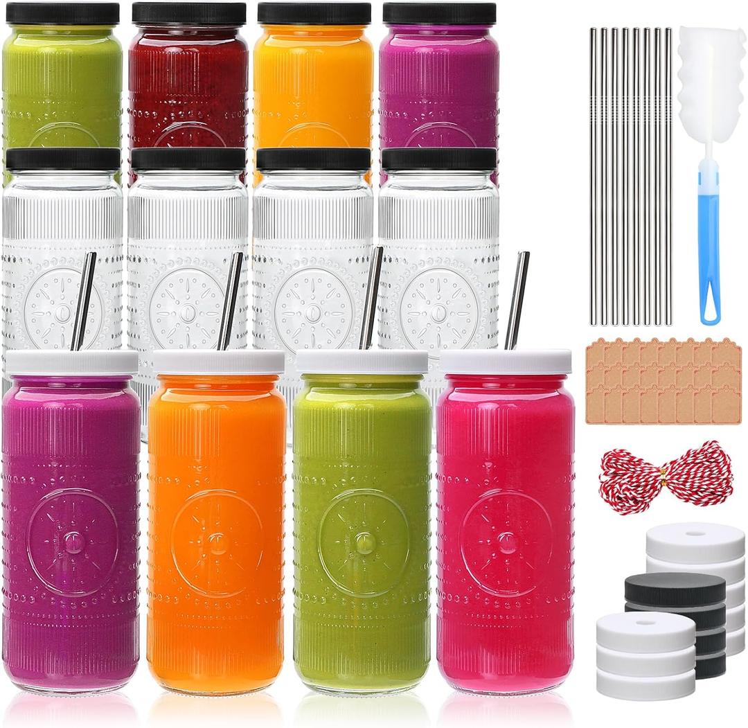 Encheng 12 Pack 16oz Glass Juice Bottles,Reusable Juicing Bottles with Lids and Straws,Embossed Juice Containers Kombucha Bottle Smoothies Jars for Water, Iced Coffee,Party,Travel