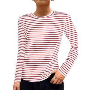 LilyCoco Women's Striped Shirt Long Sleeve Color Block Top Crewneck Fitted Tee Red Medium