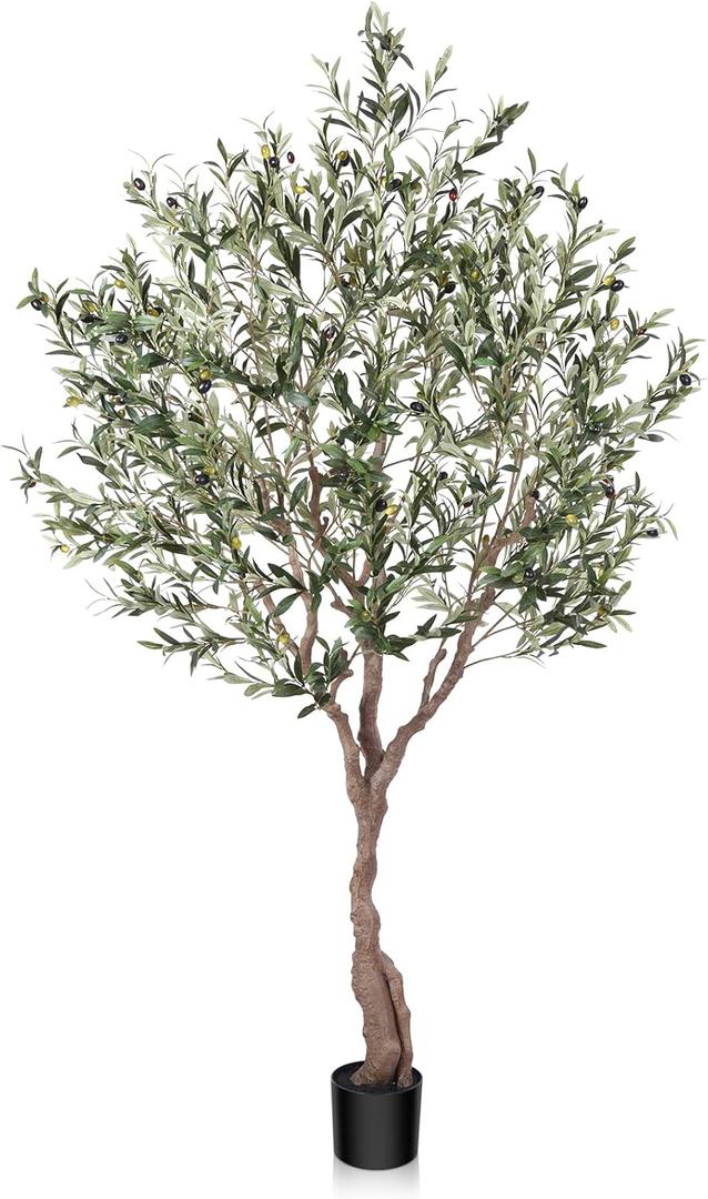 LOMANTO Olive Trees Artificial Indoor, 7Ft Artificial Olive Plants, Tall Faux Olive Tree, Fake Topiary Silk Tree in Pot with Olive Branch & Fruit, Home Office Modern Decor Gift for Housewarming 1Pack