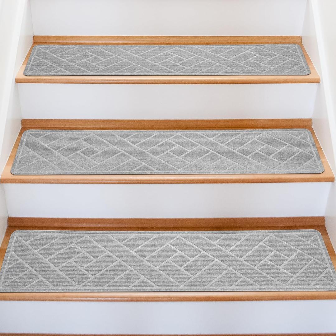 15 Pack 8 "X 30" Non-Slip Carpet Stair Treads for Indoor Wooden Steps, Made of Polyester and Reusable Adhesive, Suitable for Kids Elders and PetsLight Grey Lines