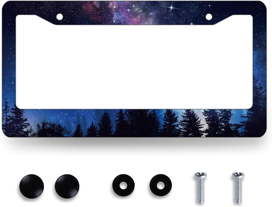 Galaxy Forest License Plate Frame Blue Purple Space Stars License Plate Personalise Colorful Stainless Steel Auto Parts Funny License Plate Beautiful Decoration with Screws 12.3"x6.3"