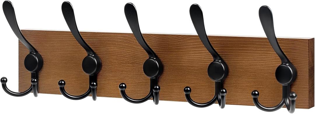 RELBRO Coat Rack Wall Mount, 16.7 Inch Wooden Wall Coat Hanger with 5 Triple Hooks, No Assembly, Brown, 2 Pcs