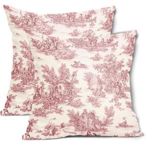 aportt French Country Pillow Covers Set of 2 22x22 Inch Vintage Toile Pink Beige Cotton Linen Polyester Decorative Throw Pillow Case Cushion Cover for Bedroom Sofa Living Room Couch Chair Office