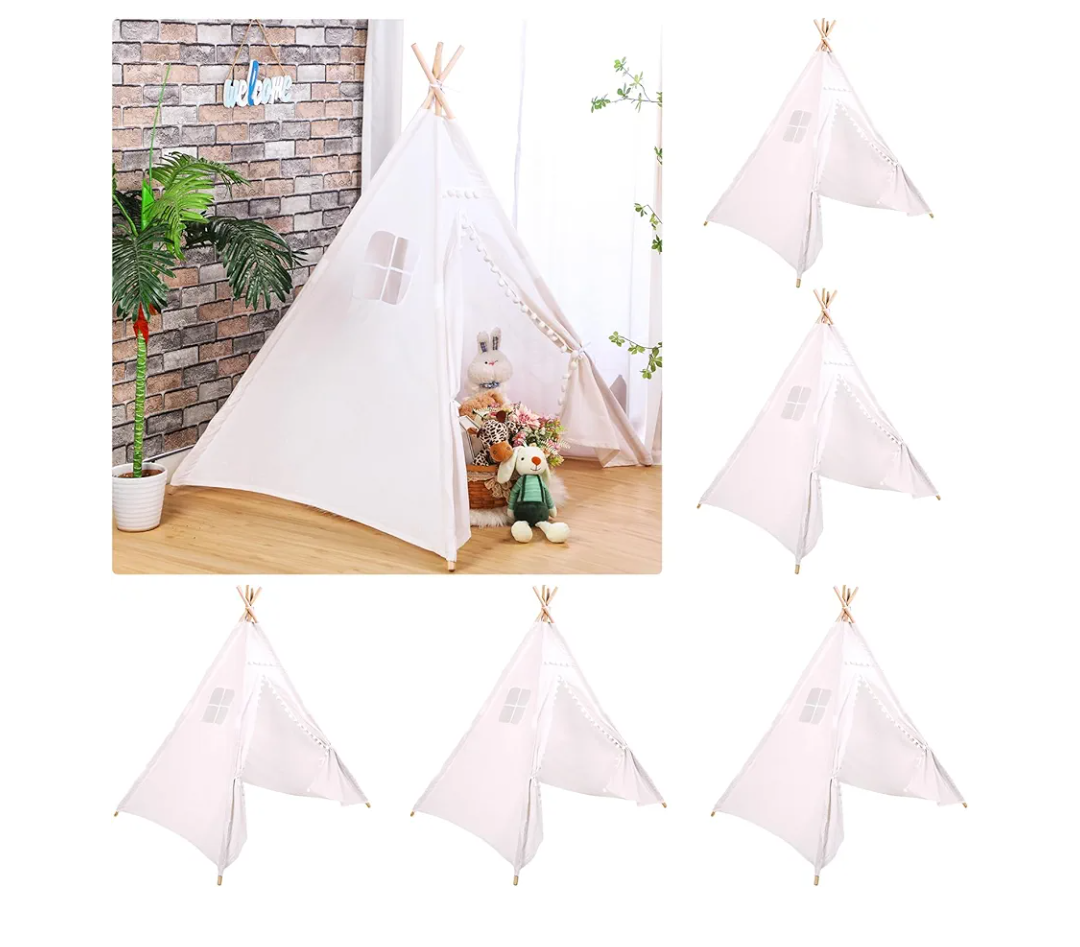 Windyun 6 Pcs Kids Teepee Tent Foldable Washable Indoor Outdoor for Boys Girls Toddler Boho Sleepovers Birthday Pajama Party Spa Supplies(63 Inch,White)